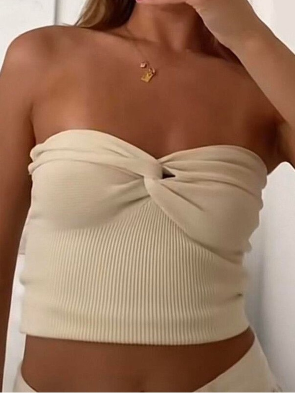 Twist-Front Strapless Ribbed Camisole - Cream